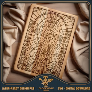 Croce / Crocifisso Vetrata - Tagliere rettangolare SVG / file laser tagliere di salumi - Design in stile vintage per l'incisione laser