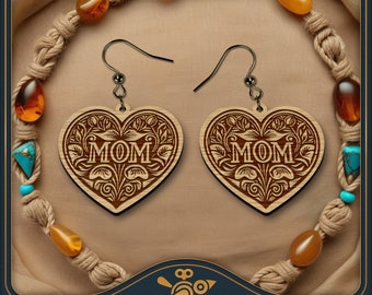 Mother's Day "Mom" Heart Earrings SVG - Family earrings, Vintage earring design - Unique laser file for cutting and engraving