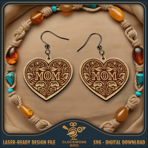 Mother's Day "Mom" Heart Earrings SVG - Family earrings, Vintage earring design - Unique laser file for cutting and engraving