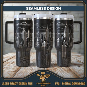 May include: A black stainless steel tumbler with a white design of a city skyline. The tumbler has a lid and a handle. The design is seamless and wraps around the entire tumbler.
