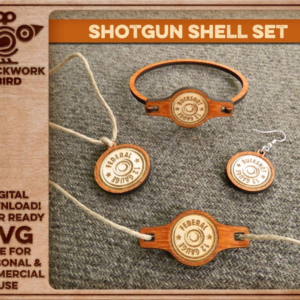 Shotgun shell jewelry set (bracelet, earring, pendant) - Unique laser cut file