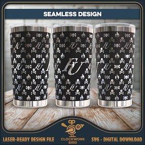 May include: Three cylindrical tumblers featuring a black background with a repeating silver pattern of skulls, crossbones, and the letters FU. The text SEAMLESS DESIGN appears at the top, while LASER-READY DESIGN FILE and SVG - DIGITAL DOWNLOAD are at the bottom.
