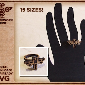 Libellule - bague en bois disponible en 15 tailles - Fichier unique découpé au laser