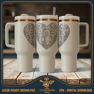 Fichier laser SVG Love Bees Heart Tumbler Wrap - design de style vintage pour gravure sur verre 40 oz
