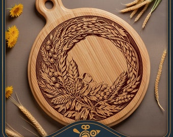 Bread Cutting board SVG / round bread board laser file: Harvest Wheat Wreath - Lazy Susan Design / laser engraving file