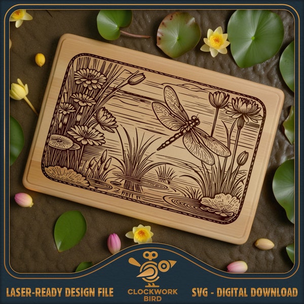 Cutting board SVG / charcuterie board laser file: Dragonfly pond, Chopping Board Design file for laser engraving