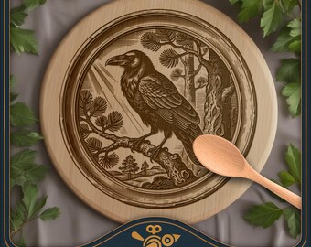 Raven in Forest rond bord SVG – Vintage lasergravure ontwerp wilde dieren