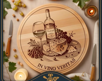 Charcuterie board SVG: "In Vino Veritas" - Lazy Susan / Circle / round cutting board design laser file for cutting and engraving