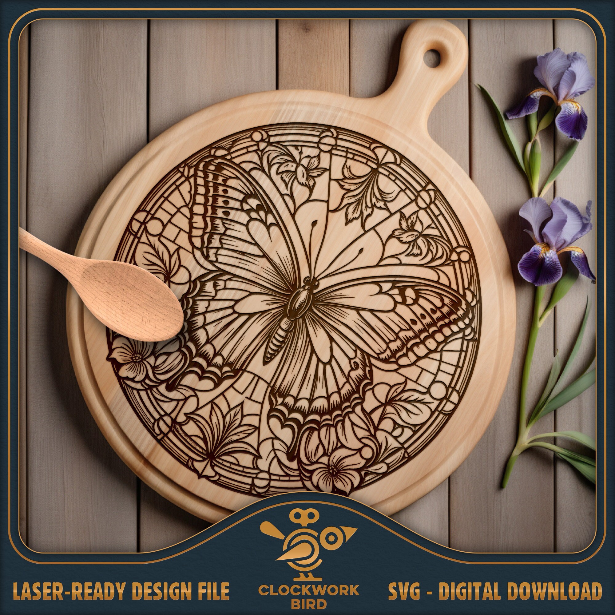 Butterfly Stained Glass - Round Cutting board SVG / charcuterie board laser file - Lazy Susan Design for laser engraving