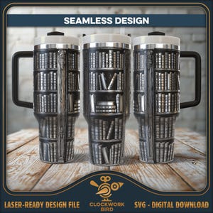 May include: Three stainless steel tumblers with black handles and white lids, featuring a detailed wrap-around graphic of a dark wooden bookshelf filled with various books. The text SEAMLESS DESIGN, LASER-READY DESIGN FILE, and CLOCKWORK BIRD are visible.