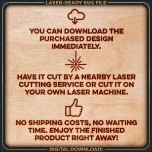 text and icons that provide instructions for using a purchased design, cutting it by a nearby laser cutting service, or cutting it on a personal laser machine. It also mentions shipping costs, waiting time, and the enjoyment of the finished product.