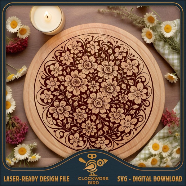 Tabla de charcutería SVG: Flores vintage - Lazy Susan / Circle / archivo láser de diseño de tabla de cortar redonda para cortar y grabar