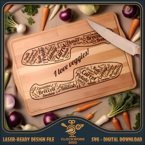 Veganes Schneidebrett SVG / rechteckiges Charcuterie Brett Laser-Datei - Vintage Stil Gemüse Wort Kunst Design für die Lasergravur