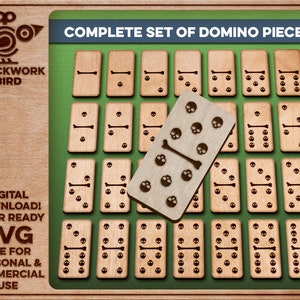 May include: A complete set of 28 domino pieces featuring a bone design. The dominoes are crafted from wood and have a natural finish. The dominoes are arranged in a grid pattern against a green background. The image also includes the text "COMPLETE SET OF DOMINO PIECES" and "CLOCKWORK BIRD".