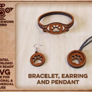 Set di gioielli in legno con zampa di gatto/impronta (bracciale, orecchini, pendente) - File unico tagliato al laser