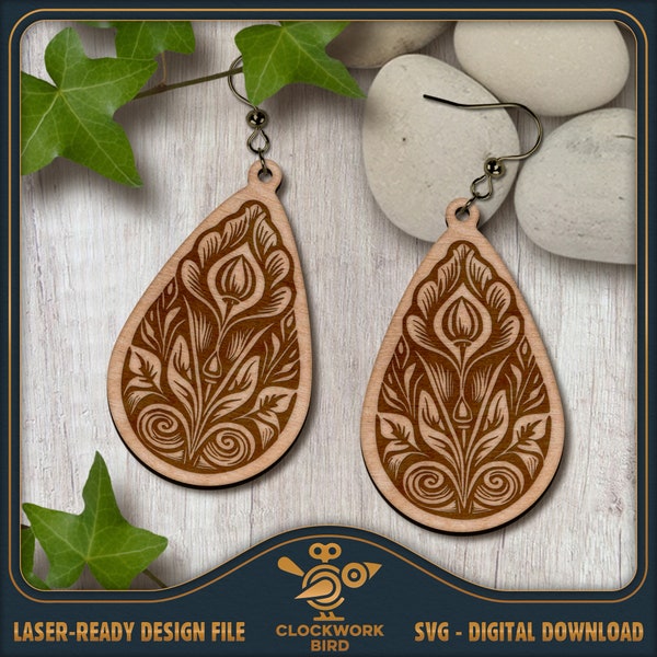 Feminine Flower Earrings SVG - Drop earrings, Dangle Earring design - Unique laser file for cutting and engraving