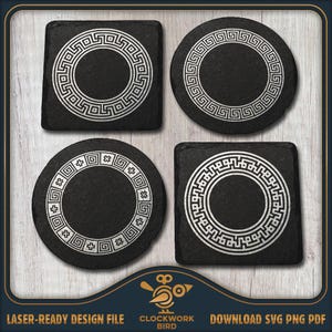 Ancient Greek Meander Coaster Set: Laser Engraving SVG, PDF, PNG (Digital Download)