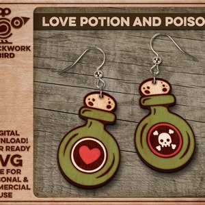 May include: A pair of laser-cut wooden earrings shaped like potion bottles. One bottle has a red heart and the other has a skull and crossbones. The earrings are green with brown accents. "LOVE POTION AND POISON" is written above the earrings.