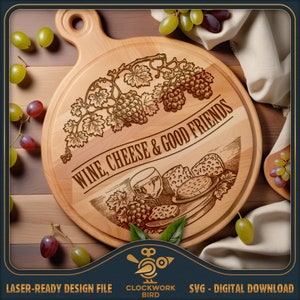 Vin, fromage et bons amis - SVG, fichier laser pour planche de charcuterie ronde - Lazy Susan Design pour gravure laser