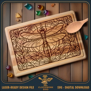 Vetrata Dragonfly - Tagliere rettangolare SVG / file laser tagliere per salumi - Design in stile vintage per l'incisione laser