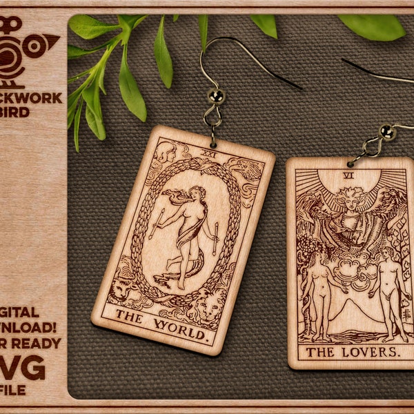 Valentine's Tarot card earrings: The World and The Lovers  - Unique laser cut file