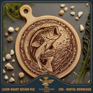 Planche à découper SVG / fichier laser rond de planche de charcuterie : pêche à l'achigan à grande bouche - planche à découper / Lazy Susan Design / fichier de gravure laser