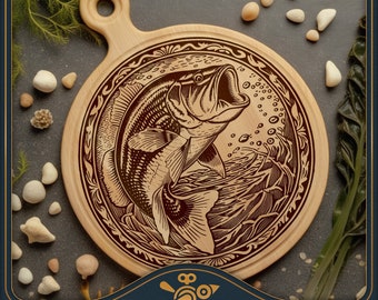 Cutting board SVG / round charcuterie board laser file: Big Mouth Bass Fishing - Chopping Board / Lazy Susan Design / laser engraving file