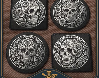 Mexican Skull Coaster Set Laser Files: Vintage Slate Engraving Design (SVG, PDF, PNG)