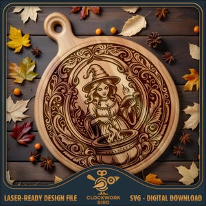 May include: A wooden cutting board with a detailed carving of a witch stirring a cauldron. The witch is wearing a pointed hat and a long dress. The carving is surrounded by intricate floral designs.