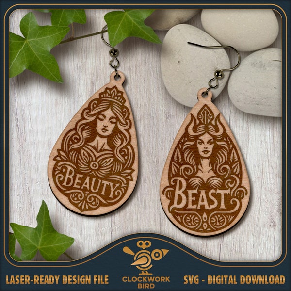 Pendientes de Bella y Bestia SVG - Par de pendientes colgantes, Diseño de pendientes personalizados - Archivo láser único para cortar y grabar