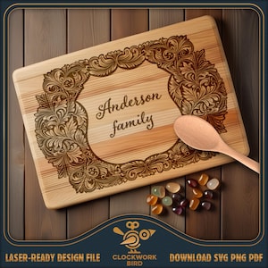 May include: A wooden chopping board with an intricate floral design engraved around the edges. The design includes a space in the centre for personalisation, which reads "Anderson family".