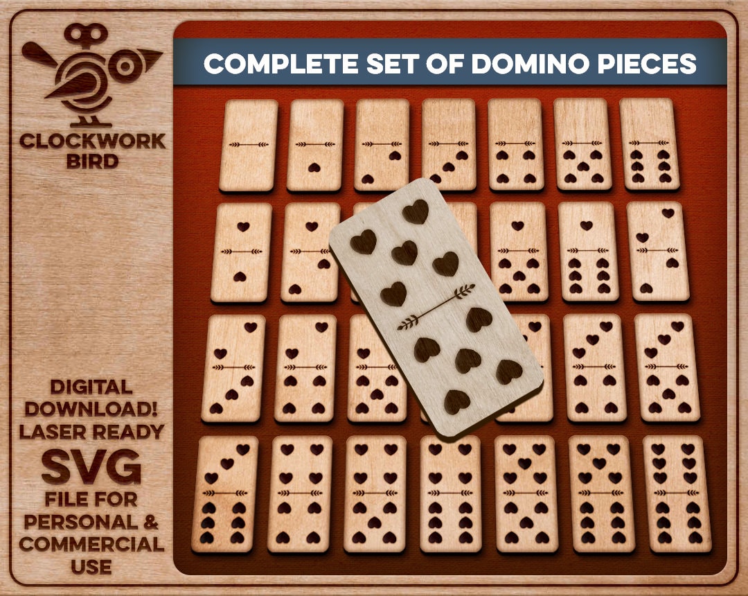 Heart Dominoes - ein kompletter Satz von Dominosteinen - einzigartige SVG-Datei zum Laserschneiden und -gravieren