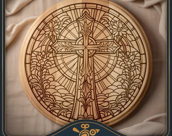 Stained Glass Cross SVG, Round Charcuterie Board (Laser Cut File)