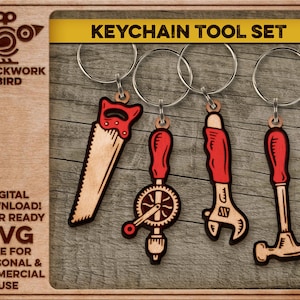 Keychain tool set (wood saw, drill, wrench and hammer) - Unique laser cut files!