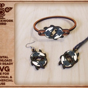 Playing orcas wooden jewelry set (bracelet, earring, pendant) - Unique laser cut file