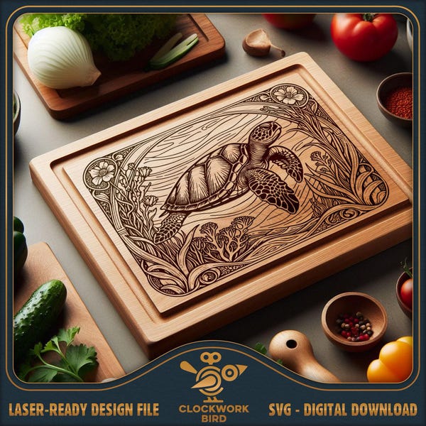 Cutting Board SVG: Sea Turtle Vintage Illustration (Laser Engraving File)