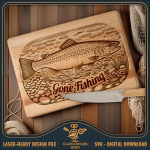 Gone Fischen Forelle Schneidebrett SVG / Charcuterie Brett Laser-Datei - Einzigartiges Design für die Lasergravur