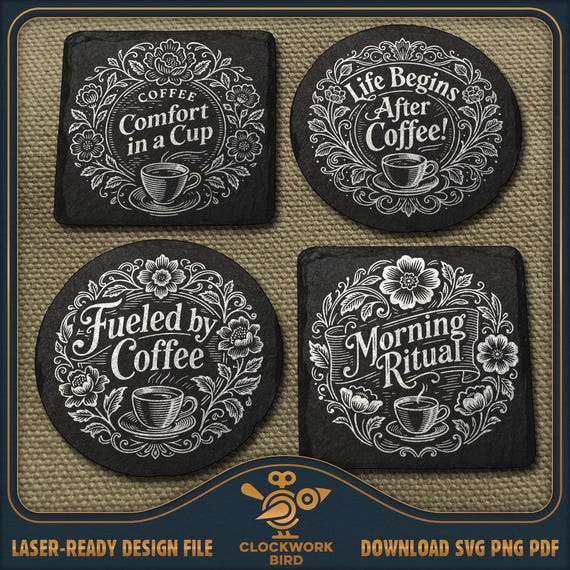 Vintage Coffee Coaster Set - Laser-Ready Slate Engraving Files