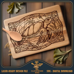 Gebrandschilderd glas zeeschildpad - rechthoekige snijplank SVG / charcuteriebord laserbestand - vintage stijl ontwerp voor lasergravure