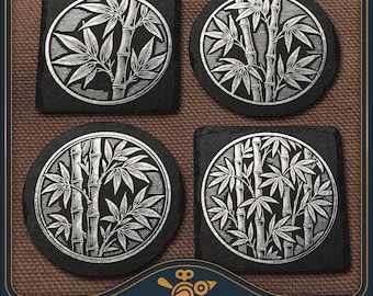 Bamboo Coaster Set Laser Files: Vintage Slate Engraving Design (SVG, PDF, PNG)