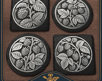 Raspberry Coaster Set Laser Files: Vintage Slate Engraving Design (SVG, PDF, PNG)