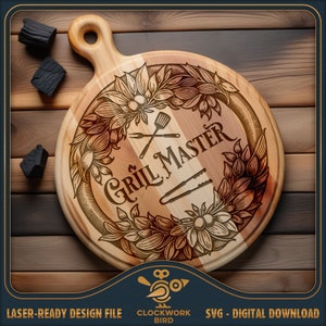 Grill Master / Tabla de barbacoa SVG / Tabla de charcutería redonda, archivo láser de tabla de cortar - Lazy Susan Design para grabado láser