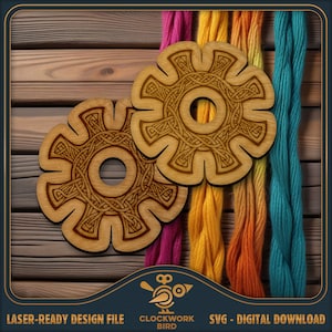 May include: Two wooden yarn winders with a Celtic knot design. The winders are on a wooden surface with colourful yarn spools.