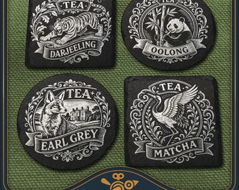 Diseños de posavasos con insignias de té vintage: archivos vectoriales para grabado en pizarra