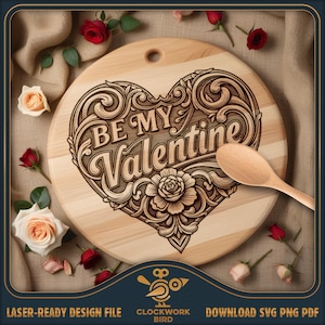 Tabla de cortar redonda Be My Valentine SVG para el día de San Valentín / Tabla de charcutería vintage en archivo láser - Diseño Lazy Susan para grabado láser