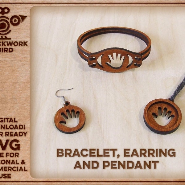 Human handprint wooden jewelry set (bracelet, earring, pendant) - Unique laser cut file