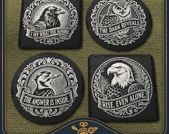 Forest Birds Coaster Set Laser Files: Vintage Slate Engraving Design (SVG, PDF, PNG)