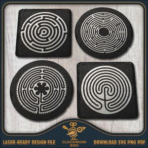 May include: Four black slate coasters with silver labyrinth designs. Two are square, two are round, each with a unique maze pattern. The coasters are arranged on a light wood surface. The image includes the text "LASER-READY DESIGN FILE" and "DOWNLOAD SVG PNG PDF".