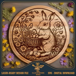 Tábua de corte redonda de coelho da Páscoa SVG / tábua de frios arquivo laser Lazy Susan - Design de estilo vintage para gravação a laser
