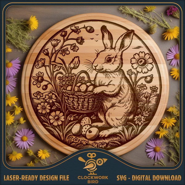 Easter Bunny Round Cutting board SVG / charcuterie board Lazy Susan laser file - Vintage style design for laser engraving